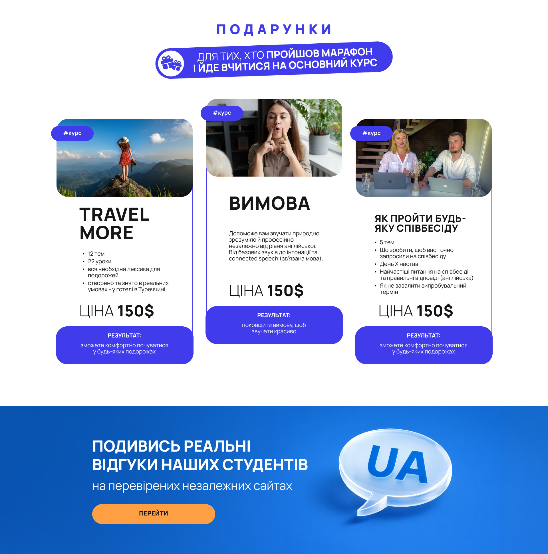 Подарунки для тих, хто пройшов марафон: курси Travel More, Вимова, Як пройти будь-яку співбесіду — ціна кожного 150$